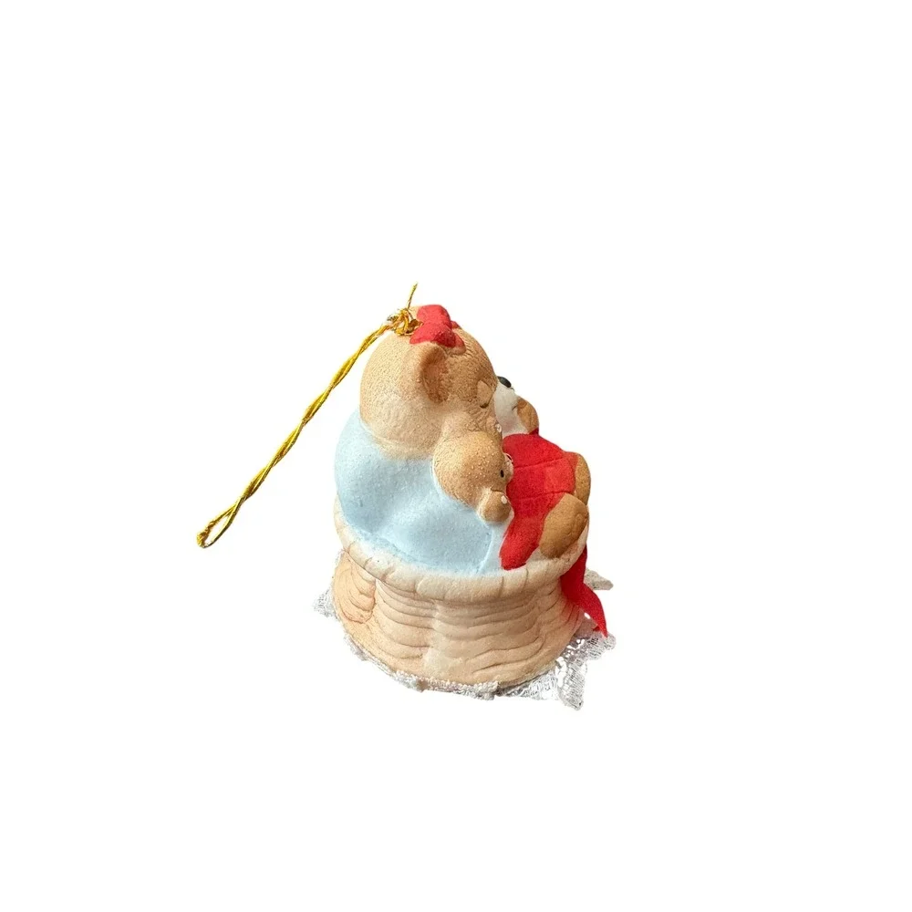 Vintage JASCO Taiwan Bear‎ Bell Christmas Ornament Mama Baby Bear Basket Lace 3
